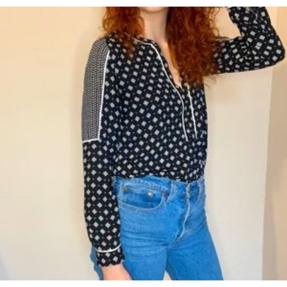 LOFT Mixed Print Popover Top Womens Small Navy Ivory Long Sleeve Peasant Blouse - Picture 4 of 9